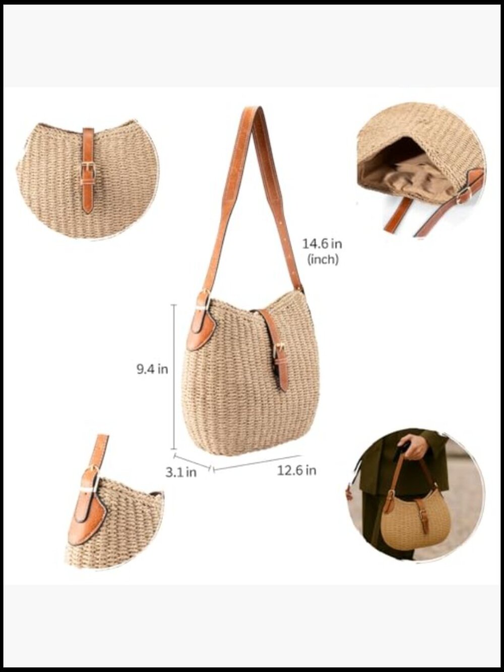 Straw Shoulder Bag Summer Beach Bag Handmade Adjustable Strap Satchel - Picture 5 of 7